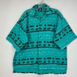 XSTATX Mens Unisex Medium Oversized Button Up Shirt Turquoise Geometric Vintage